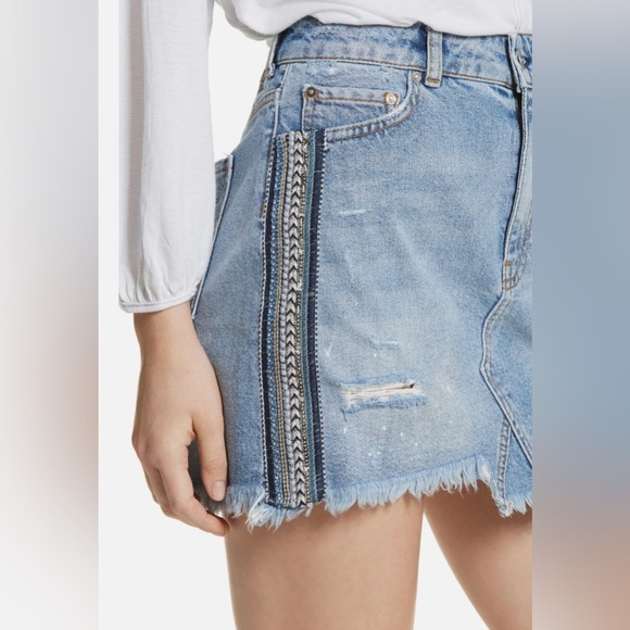 Free People | Side Stripe Embellished Miniskirt In Distressed Denim - Picture 3 of 9